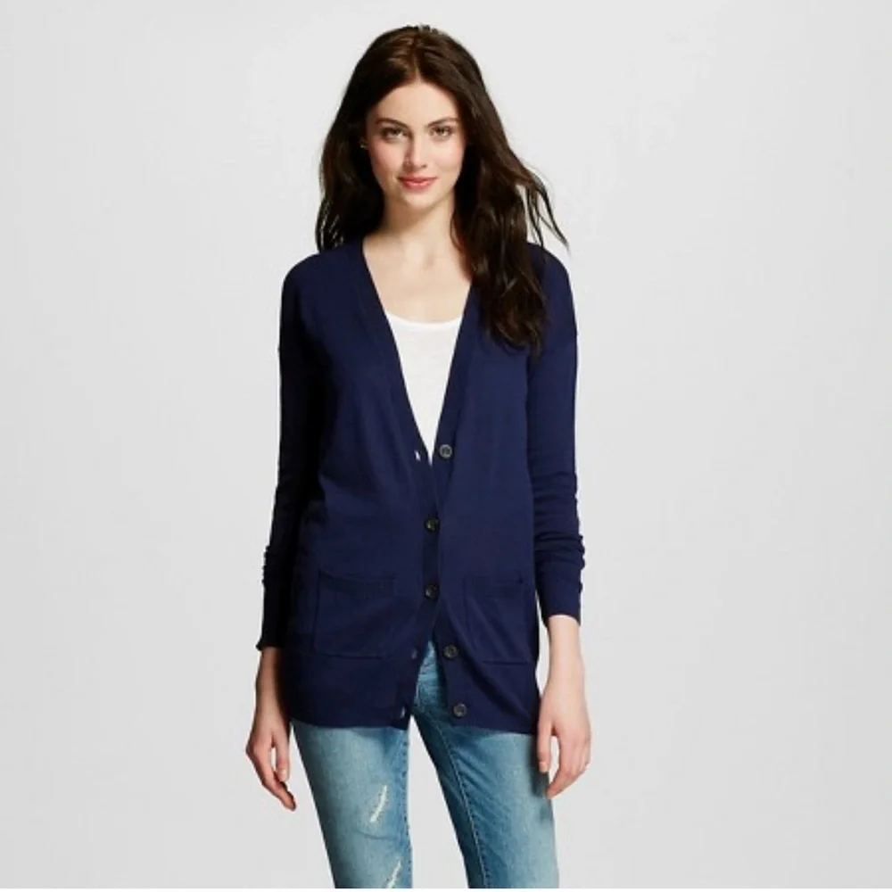 ZARA Long fine knit Navy Blue Button-Up Cardigan Size L